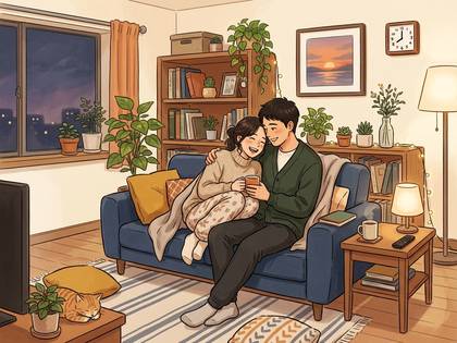 くつろいだリビングでソファに座り、温かい飲み物を持って寄り添うカップルと猫。