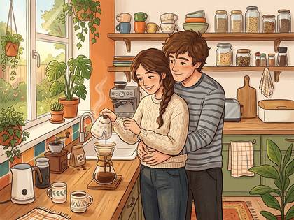 キッチンでコーヒーを淹れる女性と、彼女を抱きしめる男性のカップル。