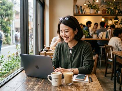 カフェの窓際でノートPCを操作し、笑顔を見せる女性。