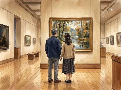 手を繋いで美術館の風景画を鑑賞する男女の後ろ姿。