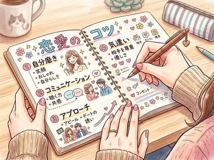「恋愛のコツ」をノートに書き込む手元のイラスト。