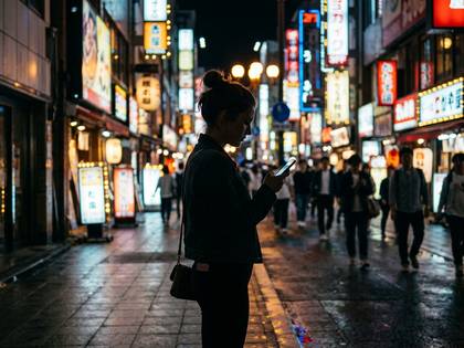 夜の繁華街でスマートフォンを見る女性のシルエット。ネオンサインが輝く。