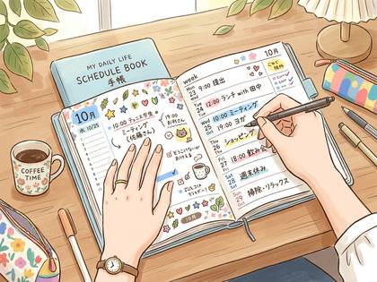 手帳にペンで予定を書き込む手元。