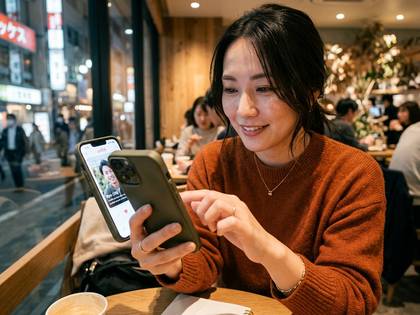 カフェでスマートフォンを操作し、笑顔を見せる女性。