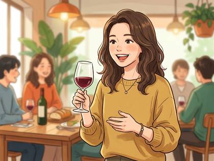 ワイングラスを持つ笑顔の女性と、テーブルで食事を楽しむ人々。