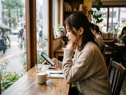 カフェの窓際でスマホを見る女性