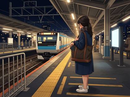 夜の駅ホームで電車を待つ女性のイラスト。青い電車が停車中。