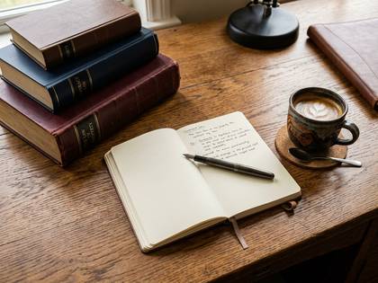 木の机に本、手書きのノートとペン、ラテアートのコーヒーカップ。