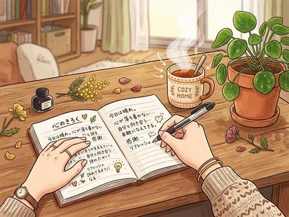 観葉植物と温かい飲み物がある机で、日記に気持ちを綴る手元。