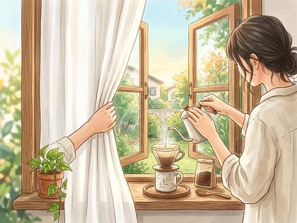 窓辺でドリップコーヒーを淹れる女性と、カーテンを開ける手。