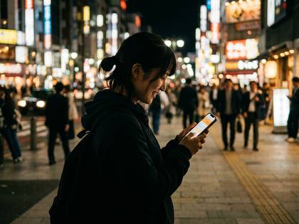 夜の街でスマートフォンを見つめ、笑顔を浮かべる女性。