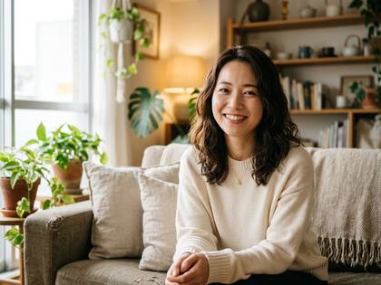 観葉植物に囲まれた明るいリビングで微笑む女性。
