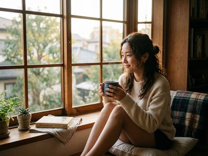 窓際で温かい飲み物を飲みながら、外を眺めてくつろぐ女性。
