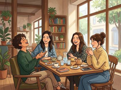 カフェで友人たちが笑顔で談笑するイラスト。