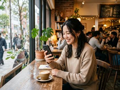 カフェの窓際で、笑顔の女性がスマホを見ている。