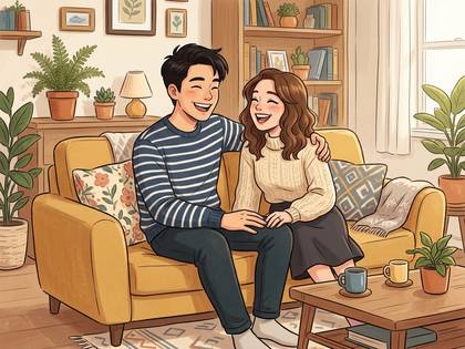 リビングのソファーで、笑顔で寄り添い合う若いカップル。
