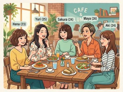 カフェで笑顔でランチを楽しむ5人の女性たち。