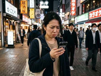 日本の繁華街で、困った表情でスマホを見る女性。