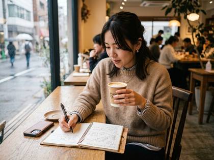 窓際のカフェでコーヒーを片手にノートに書き物をする女性。
