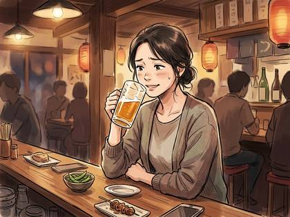 居酒屋のカウンターでビールを飲む、はにかんだ笑顔の女性。