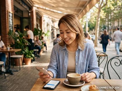 カフェでスマホを見ながら笑顔の女性のイメージ写真