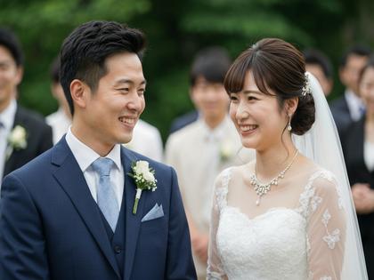 結婚式で笑顔のカップルのイメージ写真