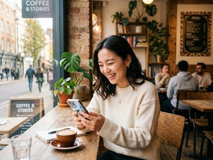 スマートフォンを見ながらカフェで微笑む20代女性の写真