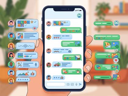 スマートフォンでチャットアプリの多様なメッセージが送受信される画面。