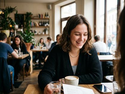 自然光の入るカフェで友人が撮影してくれた女性のポートレート