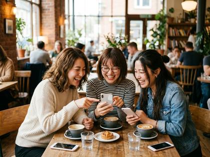 友人とカフェでスマホを見せ合いながら笑う20代女性たちの様子