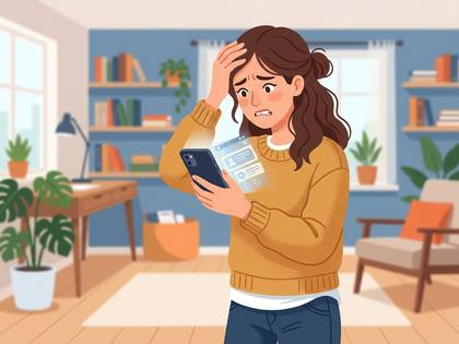 スマホのメッセージ内容に困惑し、額に手を当てる女性。