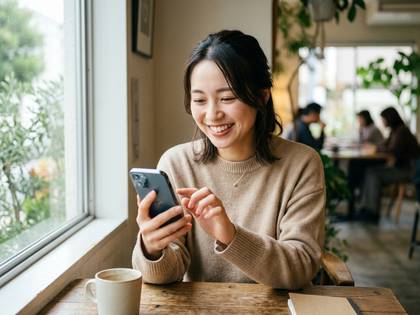 カフェの窓際で、笑顔の女性がスマートフォンを操作している。