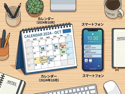 2024年10月のカレンダー、スマートフォン、文房具が並ぶ机上のイラスト。
