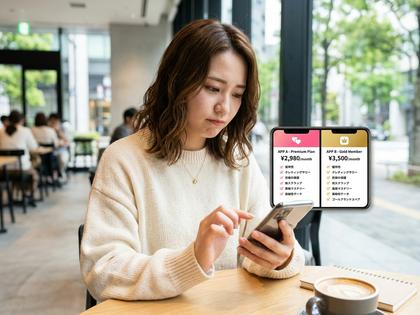 スマホでマッチングアプリの料金画面を見比べている20代女性のイメージ