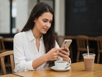 カフェでスマホを見ながら男性のプロフィールを吟味する女性