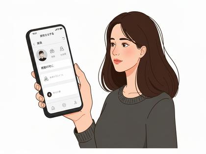 スマホでマッチングアプリのメッセージ画面を見ている女性のイラスト