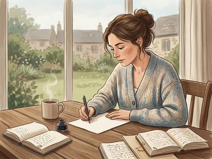 丁寧なメッセージを書く女性のイメージイラスト