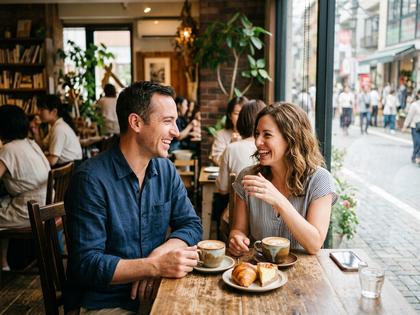 カフェで楽しそうに会話する男女のイメージ