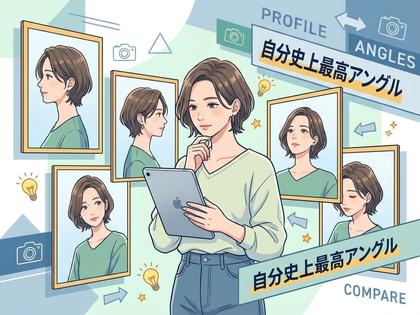 複数の角度から撮影されたプロフィール写真を比較している女性のイラスト