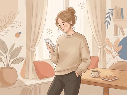 スマホを片手にメッセージを確認している女性のイラスト、ベージュ系の柔らかいトーン