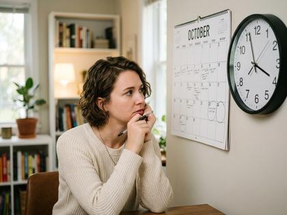 カレンダーと時計を眺めながら考え込む女性のイメージ