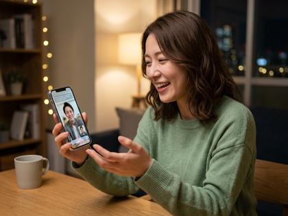 スマホでビデオ通話をしてマッチング相手と会話している女性