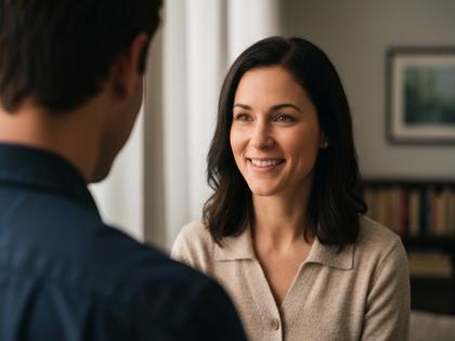 笑顔で彼の話を聞いている女性のあたたかいシーン