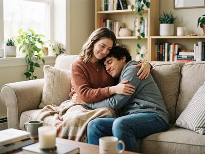 ソファで甘える彼を優しく抱きしめる女性の様子