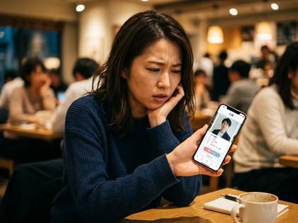 マッチングアプリのプロフィールを見て心配そうな女性。