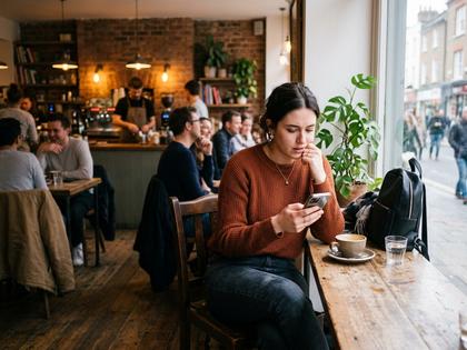 カフェで気まずそうにスマホを見ながら待つ女性のイメージ