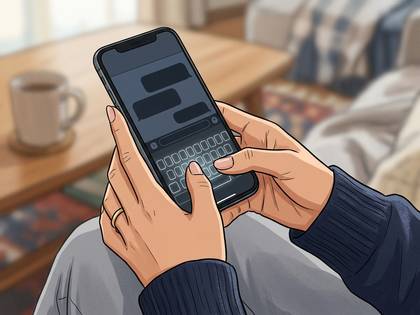 指輪をはめた手がスマホでチャット画面を操作中。
