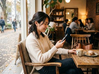 カフェの窓際でコーヒーとスマホを楽しむ笑顔の女性。