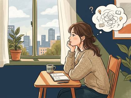 机でノートを開き、窓の外の街並みを見ながら考え込む女性。