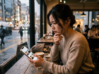 雨の街並みを背景に、カフェでスマホを見る女性。